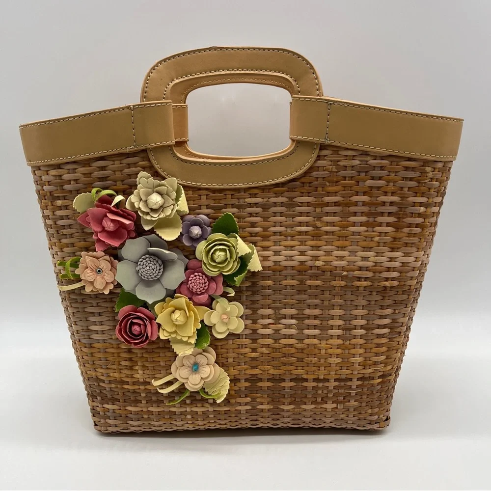 LOFT Woven Tote with Multicolor Floral Appliqués